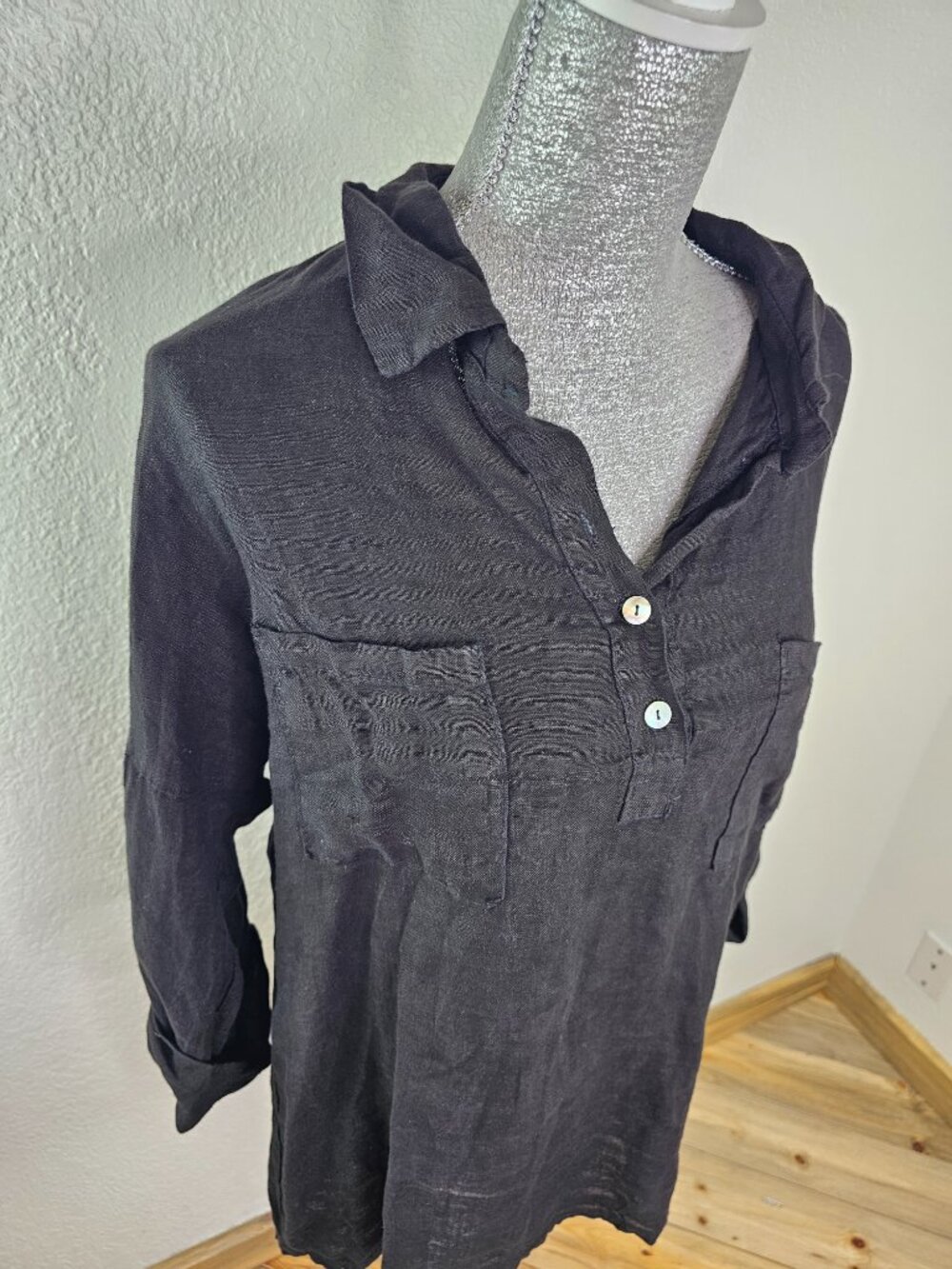 Tempo Paris Black Hi-Low Linen Shirt Size M/L - Picture 4 of 9